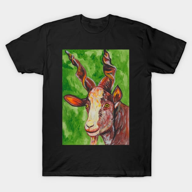 Pet Goat on green background T-Shirt by deadblackpony